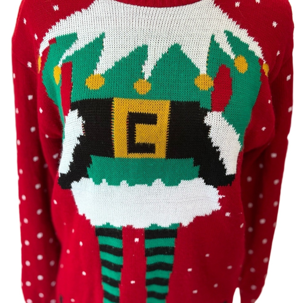 Design London Sweater  Sz Large Red Christmas Elf Design Crew Neck Festive - Picture 3 of 8